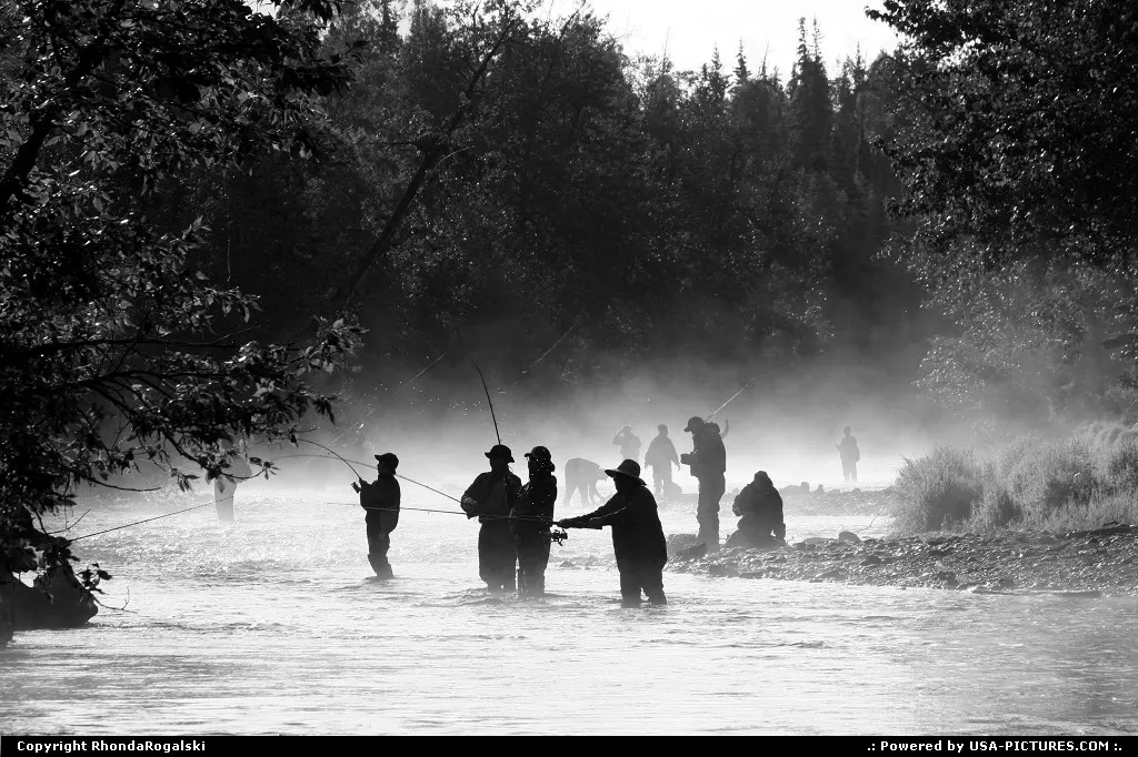 Fishing the Russian River for Sockeye salmon on a foggy morning. Cooper Landing, Alaska.