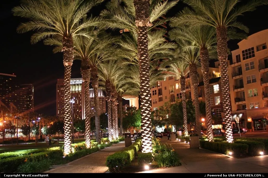 Downtown San Diego, by night at the Gaslamp Quarter, near convention center.
