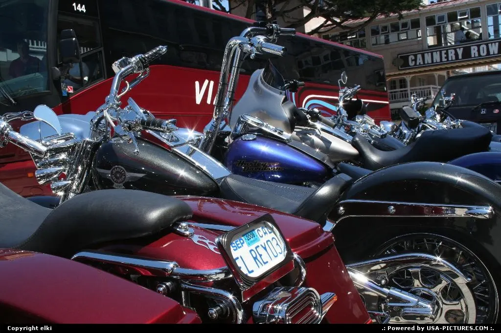 Motorcycles park in front a restaurant of Monterey
