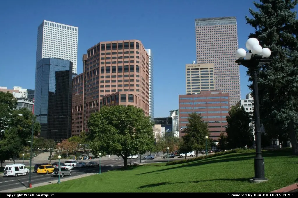 Downtown/Skyline from the Mall. City hall to the left, Colorado State Capitol to the right