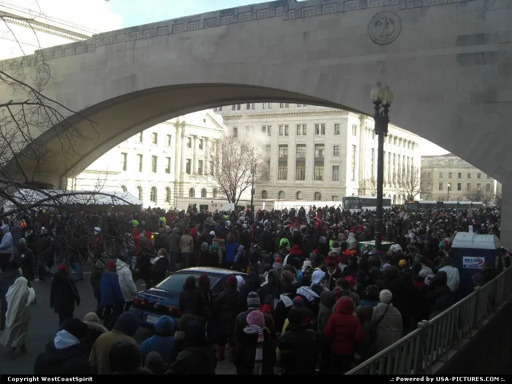 The massive crowd (2+ million), hours before inauguration, here seen along the Mall in...