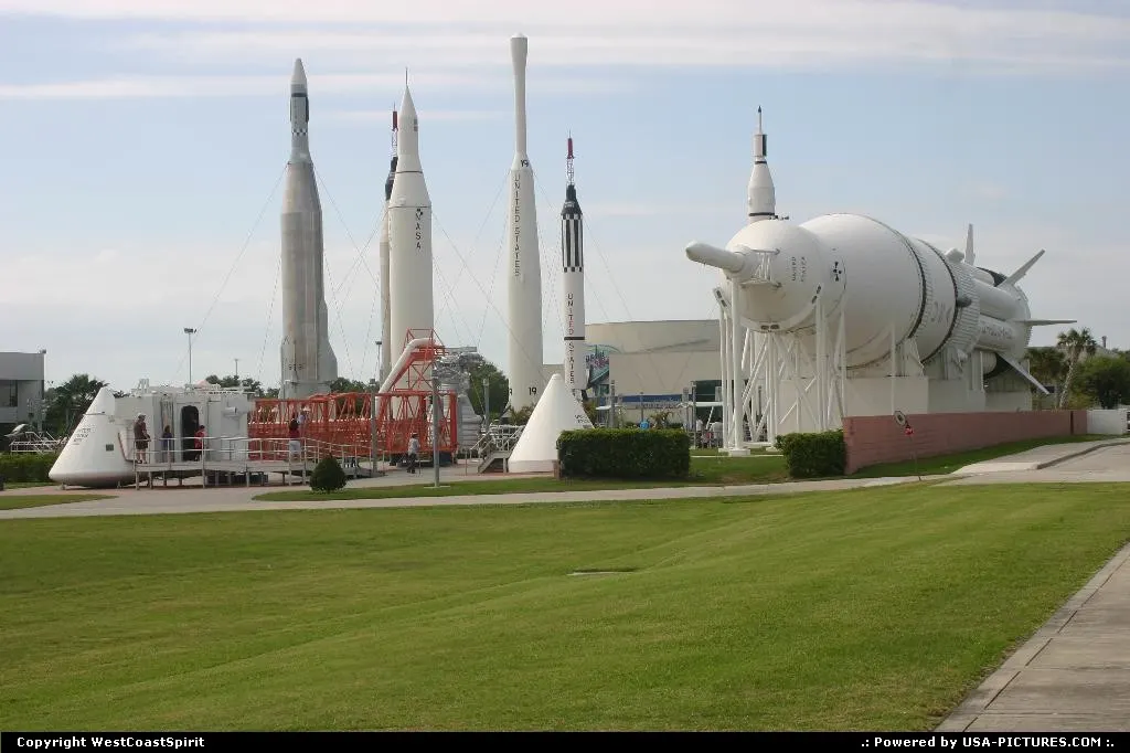 Various rockets on display at the Kennedy Space Center.