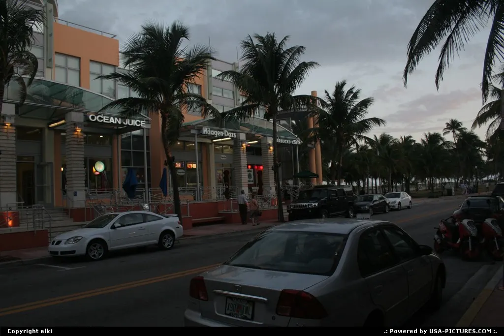 Miami beach art deco district at the sunset