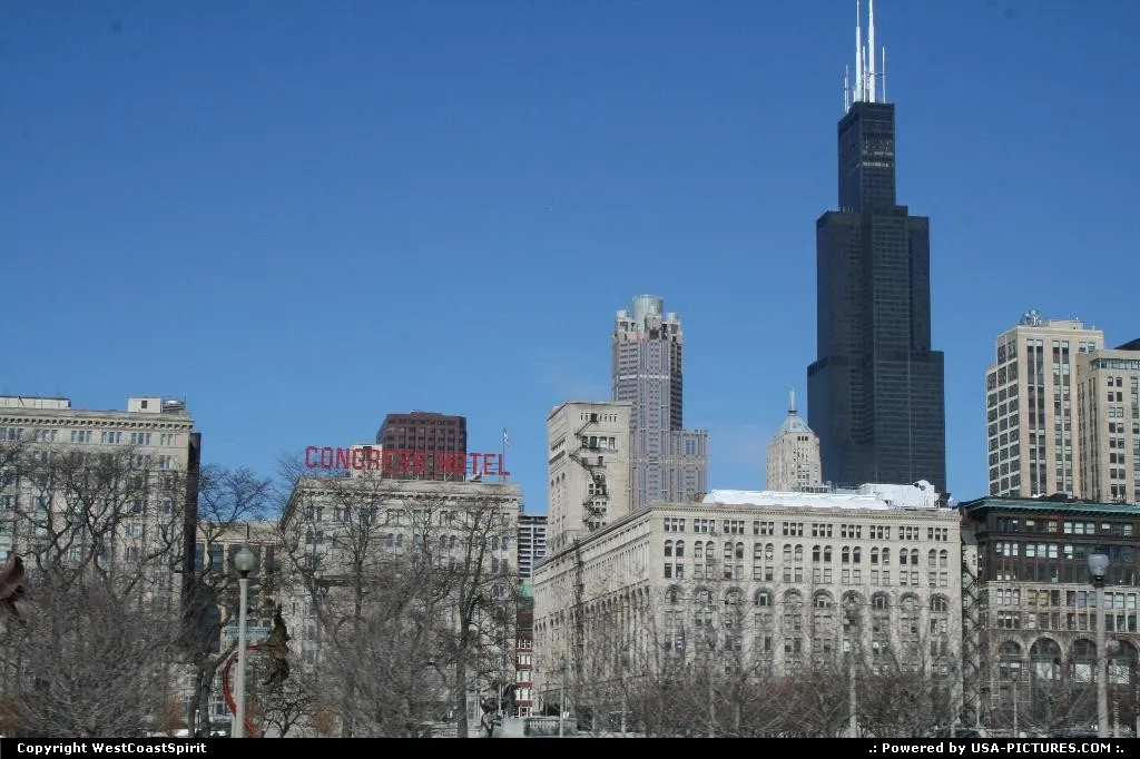 Historical Congress Hotel with the massive Sears Tower afar.