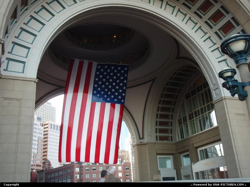 The American flag, proudly hanged close to the Boston Harbor