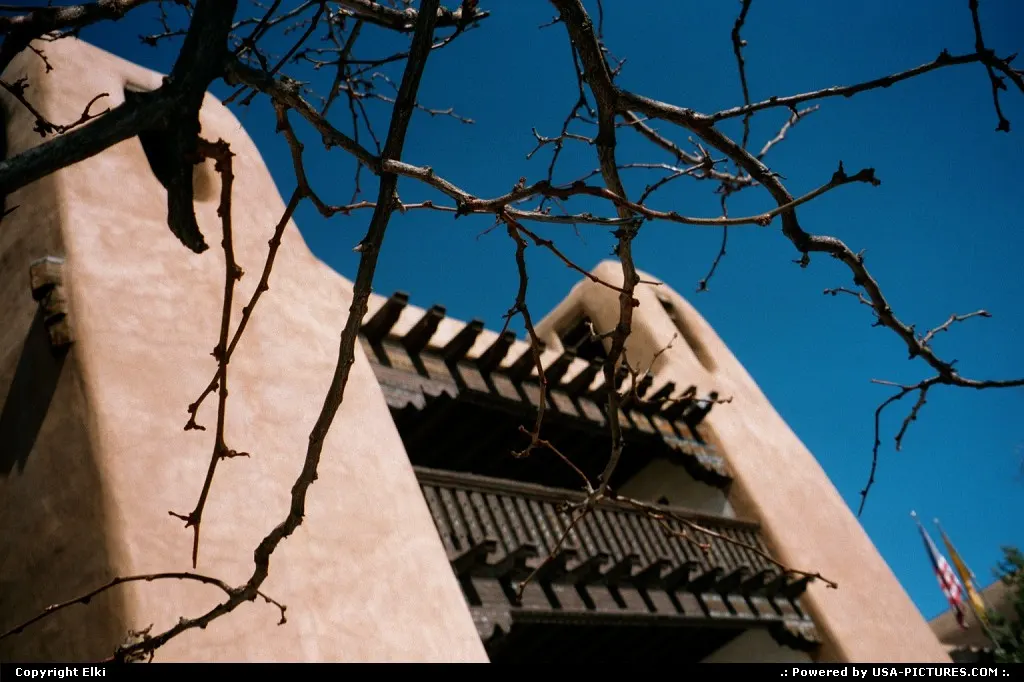 Downtown Santa Fe, with the adobe style building
