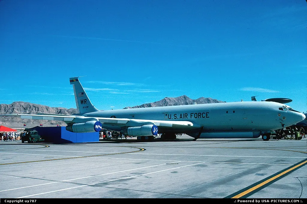 Sitting on Nellis AFB's extensive ramp area, a Boeing 707-E8A J-Star operated for elect...