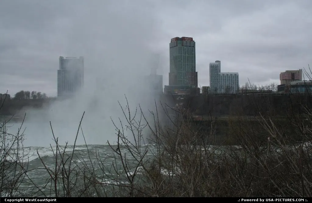 The Niagara Falls city/resort/theme park in Canada, here somewhat hidden by the