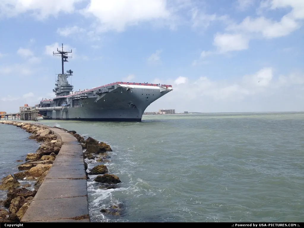 Corpus Christi, North Beach, by the USS Lexington carrier ship, nicknamed Blue Ghost.