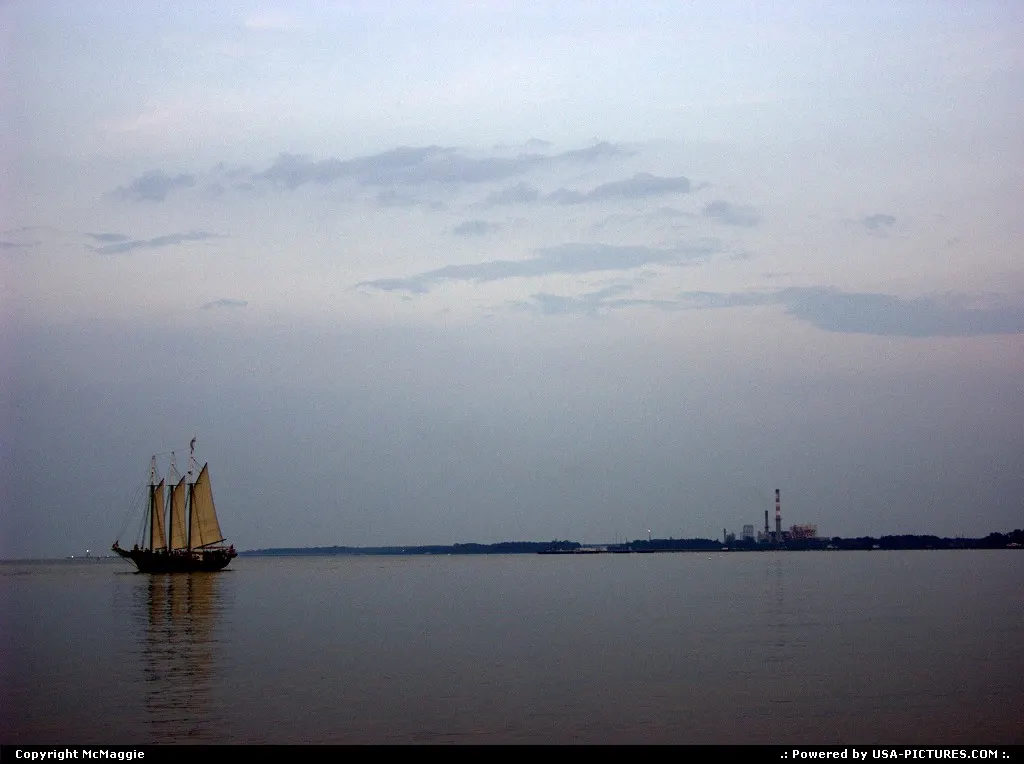 Sailing ship Alliance off Yorktown beach, Virginia.