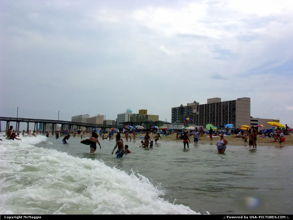 View of 15th Street Pier, beach, hotels, Virginia Beach, Virginia, USA.