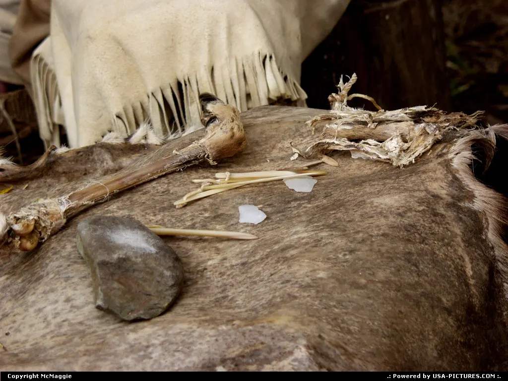 Bone and stone tools, Powhatan Indian Village, Jamestown Settlement, Jamestown, Virginia.