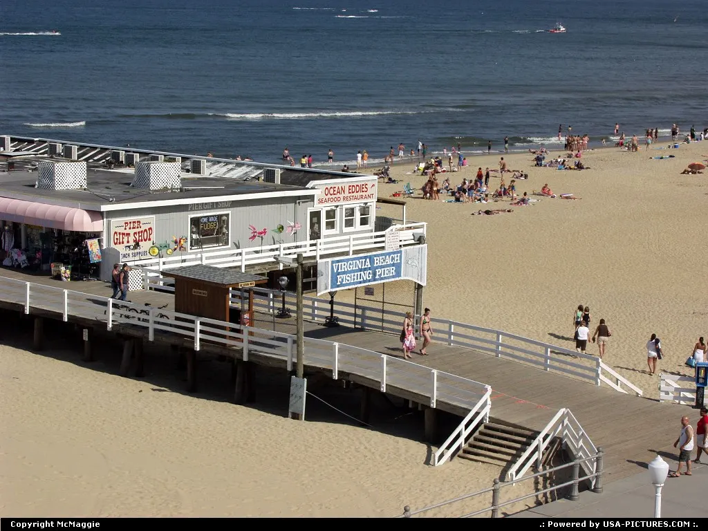 View of fishing pier and beach from Ferris wheel in amusement park at 17th Street & Atl...