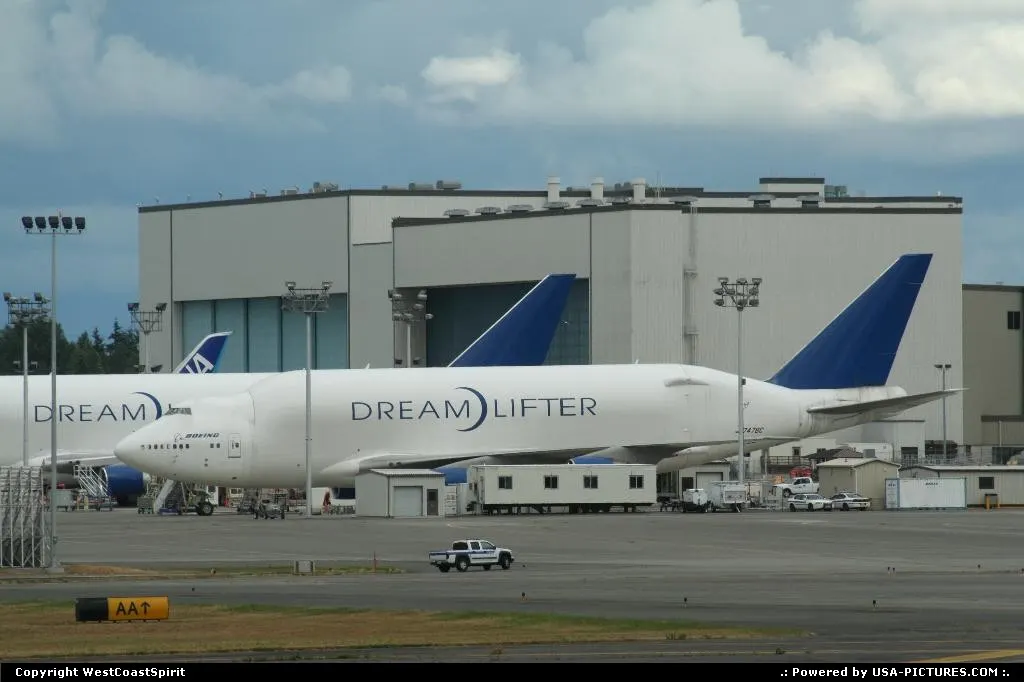 A Boeing Dreamlifter resting close to the paint shop hangar in Paine Field, Everett.
