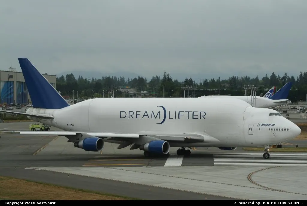 Dreamlifter N747BC lining-up for take-off at Paine Field, Everett.
