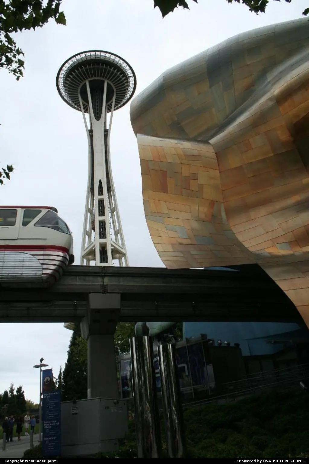 Clichés from Seattle: Space Needle, the Monorail train and the bended designed Music Pr...